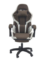 Karnak Fabric Reclining High Back Fabric Office Gaming Chair with Adjustable Swivel Headrest Footrest & Lumbar Support, Brown/White