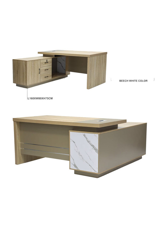 Karnak Modern Wooden Executive Office Desk with Key Locker Door and Drawer, White