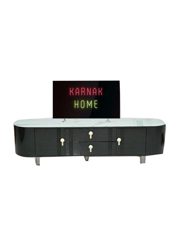 

Karnak Media Console TV Stand with Natural Wood Finish & Storage Doors, White Marble/Black