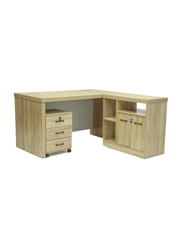 Karnak Modern Wooden L-Shaped Executive Desk with Locker, White/Beige