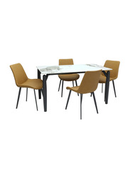 Karnak Pandora Modern Design Marble Dining Table Set 1 Table with 4 PVC Leather Chairs, Brown