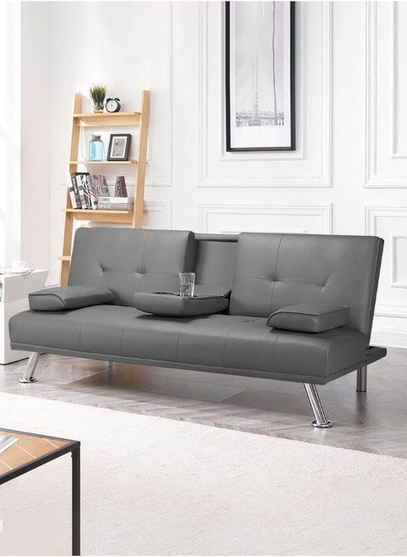 Karnak Futon Sofa Bed Faux Leather Lounge Couch for Living Room with Cup Holders and Armrest, Grey