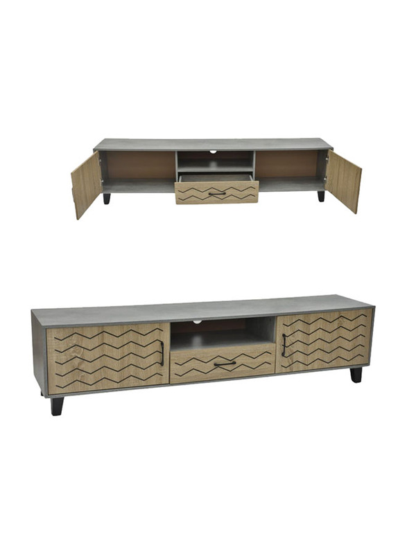 Karnak Media Console TV Cabinet with Natural Wood Finish & Storage Doors, Walnut/Beige