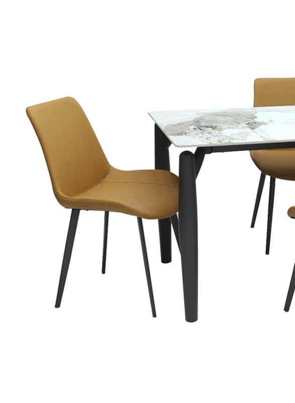 Karnak Pandora Modern Design Marble Dining Table Set 1 Table with 4 PVC Leather Chairs, Brown