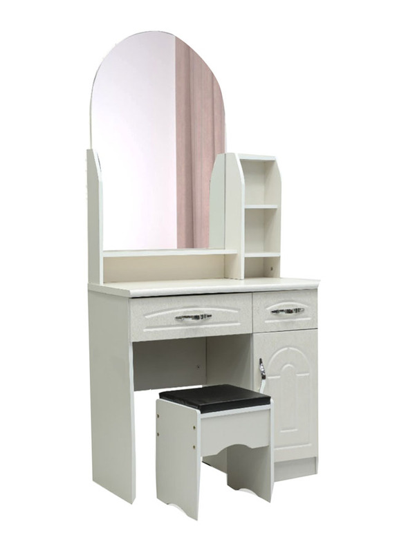 Karnak Modern Wooden Dressing Table With U-Shaped Mirror Dressing Makeup Desk With Storage for Bedroom Furniture, White