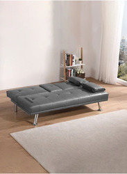 Karnak Futon Sofa Bed Faux Leather Lounge Couch for Living Room with Cup Holders and Armrest, Grey