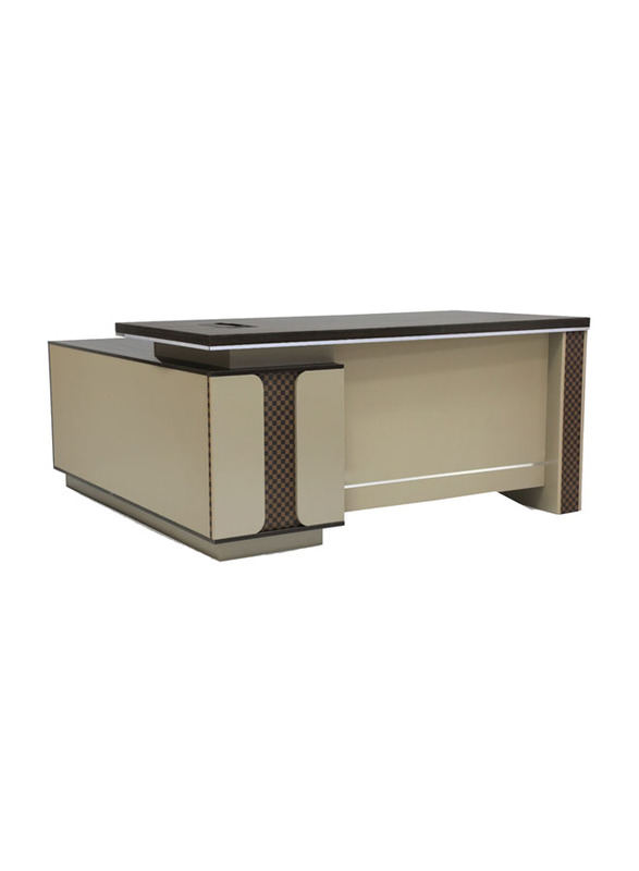 Karnak Modern Wooden L-Shaped Executive Desk with Locker/Drawer and Door, Coffee Grey