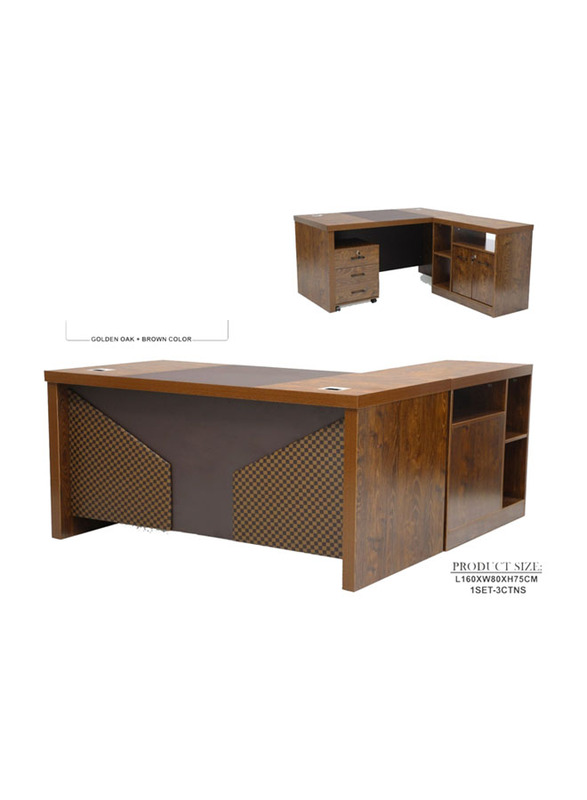 Karnak Modern Wooden L-Shaped Executive Desk with Locker Drawer and Door, Golden Oak/Brown