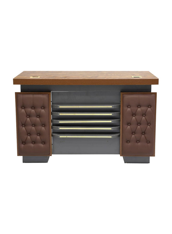 Karnak Wooden Executive Office Desk with locker Drawers & Leather Tufted Design Front, Golden Oak Grey