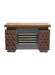 Karnak Wooden Executive Office Desk with locker Drawers & Leather Tufted Design Front, Golden Oak Grey