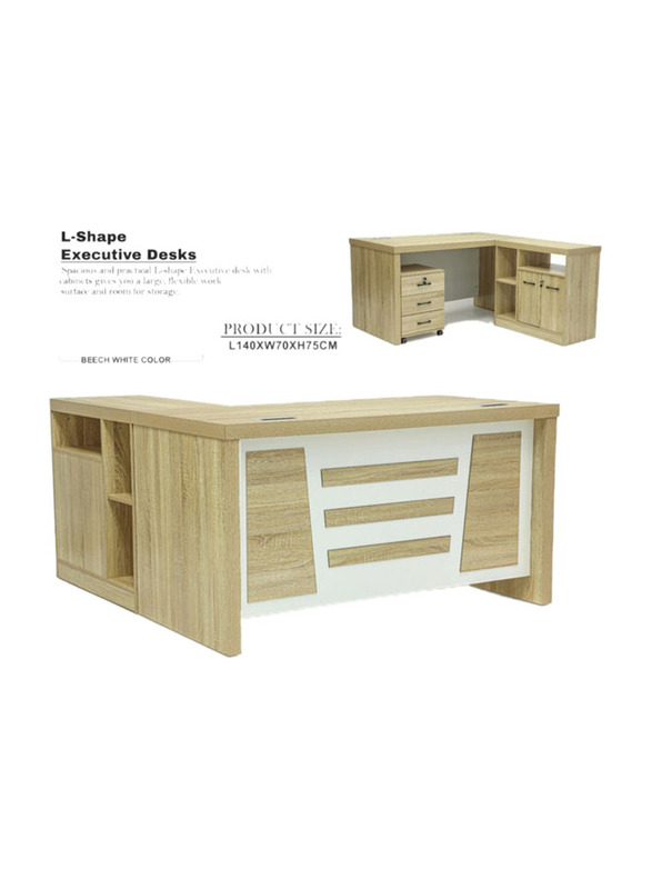 Karnak Modern Wooden L-Shaped Executive Desk with Locker, White/Beige