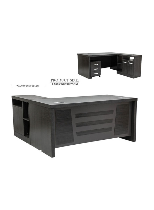 Karnak Modern Wooden L-Shaped Executive Desk with Locker/Drawer and Door, Walnut Grey