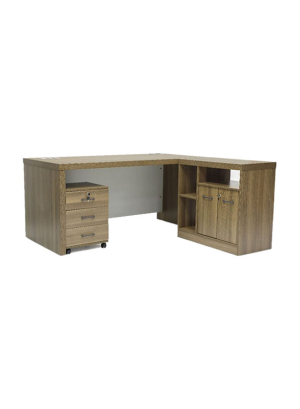 Karnak Modern Wooden Executive Office Desk with Key Locker Door & Drawer, Greay Walnut/White