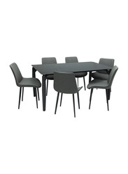 Karnak Modern Design Marble Dining Table Set with Leather Chairs, Black/Grey