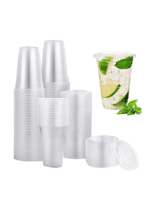 

Vsell24 16oz 50-Piece Plastic Disposable Drinking Cup Set with Flat Lid, Clear