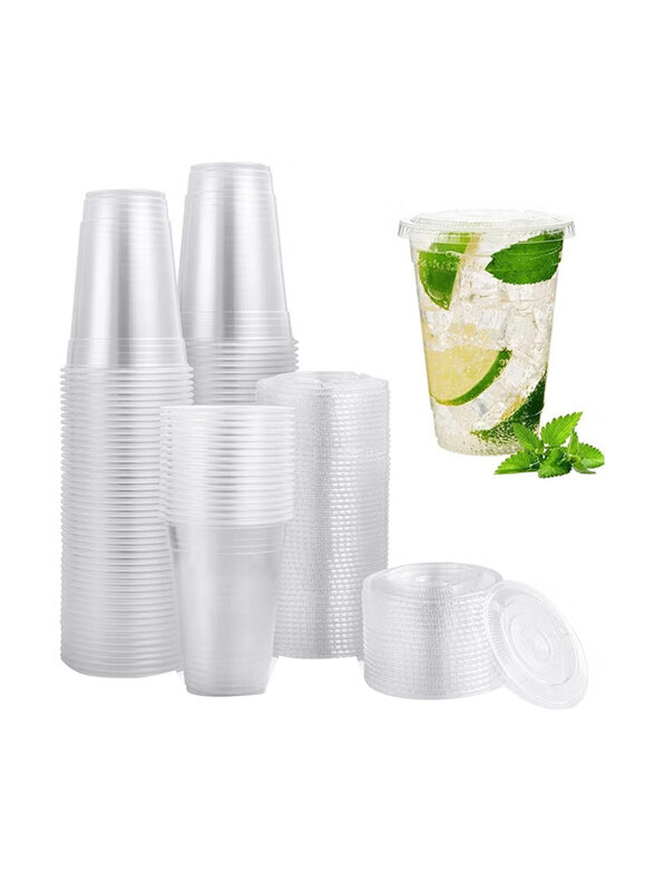 

Vsell24 16oz 200-Piece Plastic Disposable Cup Set with Flat Lid, Clear