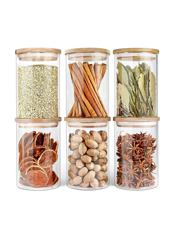 

Vsell24 6-Piece Glass Food Jars with Airtight Natural Bamboo Lids Canister Storage Container Set for Storing Candy, Cookie, Sugar, Flour, Spices, Herb