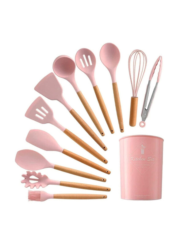 

As Seen On Tv 11-Piece Silicone Nonstick Utensils with Bamboo Wood Handle, Pink