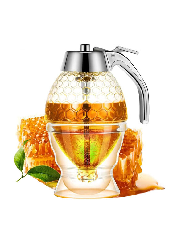 

Generic High Capacity No Drip Dispenser with Stand Honey, Syrup & Sugar Jar Pot Container, Clear/Silver