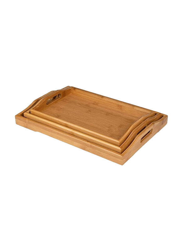 

Generic 3-Piece Large Bamboo Serving Tray with Handles, Brown