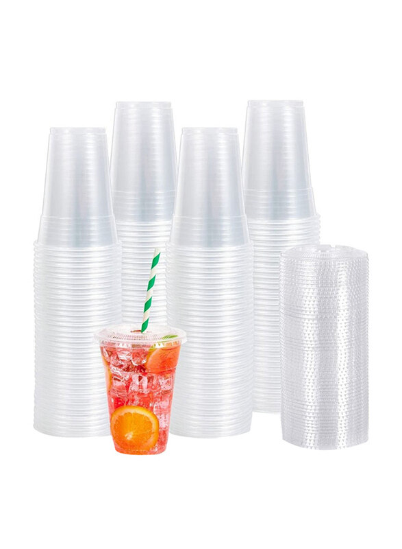 

Generic 14oz 200 Piece Disposable Drinking Plastic Cups With Flat Lid, Clear