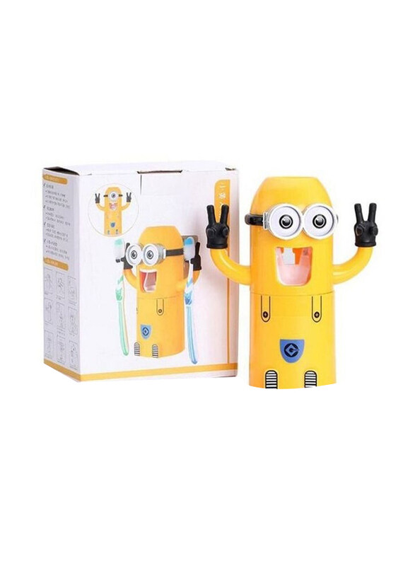 

As Seen On Tv Wall Mounted 3-in-1 Automatic Minion Toothpaste Dispenser with 2 Tooth Brush Holder, Yellow