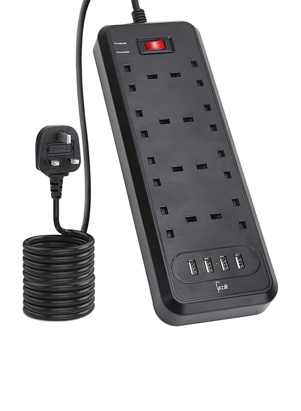 

Gzar Premium 8-Way Surge-Protected Extension Lead with 4 USB Ports, Black