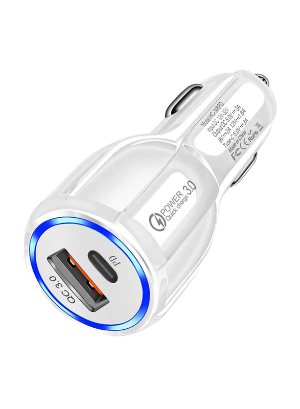 

Gzar Fast Charging PD & QC 3.0 Dual Port 30W Super Mini USB C Car Charger, White