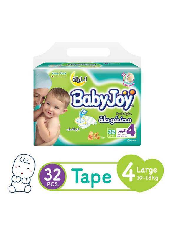 

Baby Joy Compressed Diamond Pad Large Diapers, Value Pack, (10-18 Kg), 32 Count