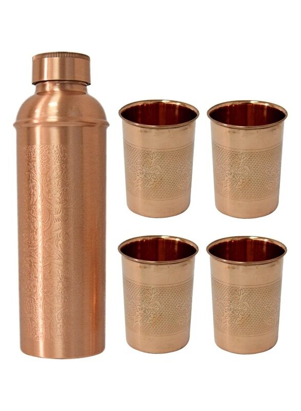 

Divine Copper Pure Copper Fanta Embossed Water Bottle 950ml with 4 water Glasses cup, Luxury Copper Vessel Leak Proof Bottle Tumbler Drinkware