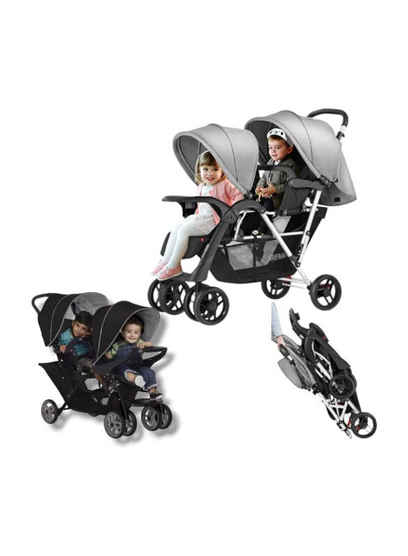 

Generic Twin Baby Stroller with Canopy and 2 Food Try, Black