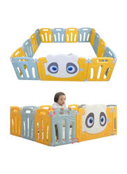 Portable Plastic Play Yard With Activity Panel Foldable Baby Playpen, Yellow/Grey