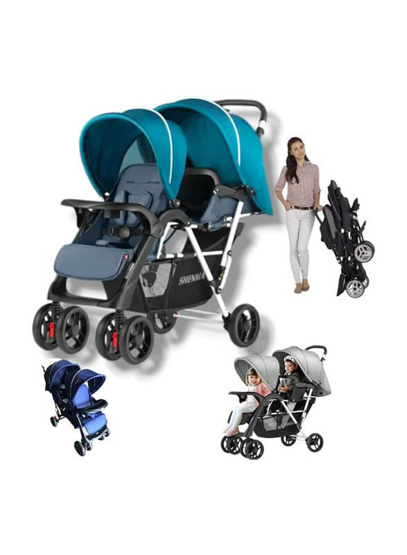 

Generic Twin Baby Stroller with Canopy and 2 Food Try, Navy Blue