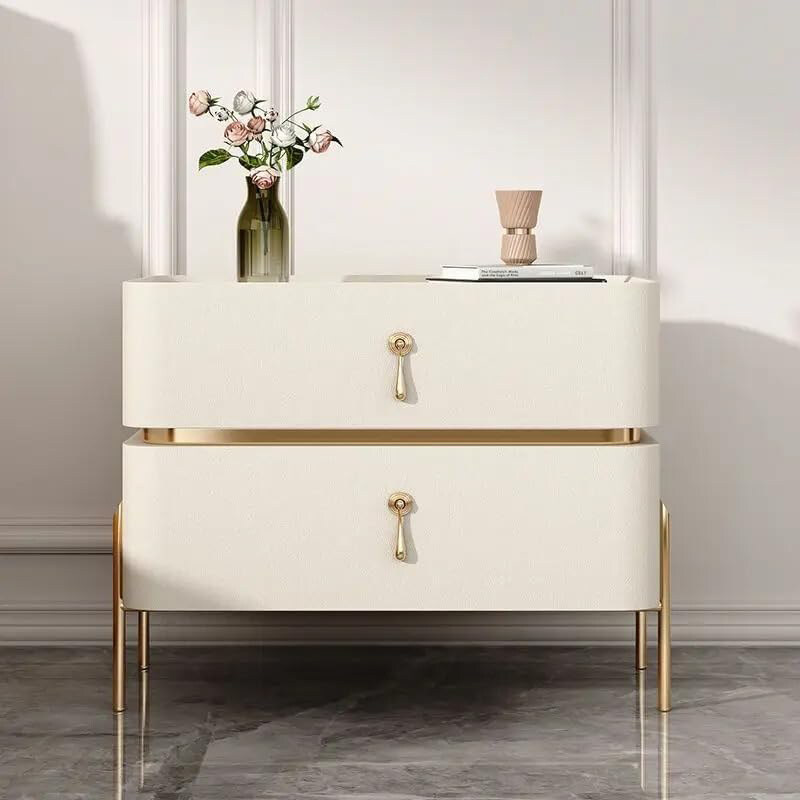 

AWD Nightstand Bedside Slate Top Table with 2 Storage Drawers & Gold Accents, Off White