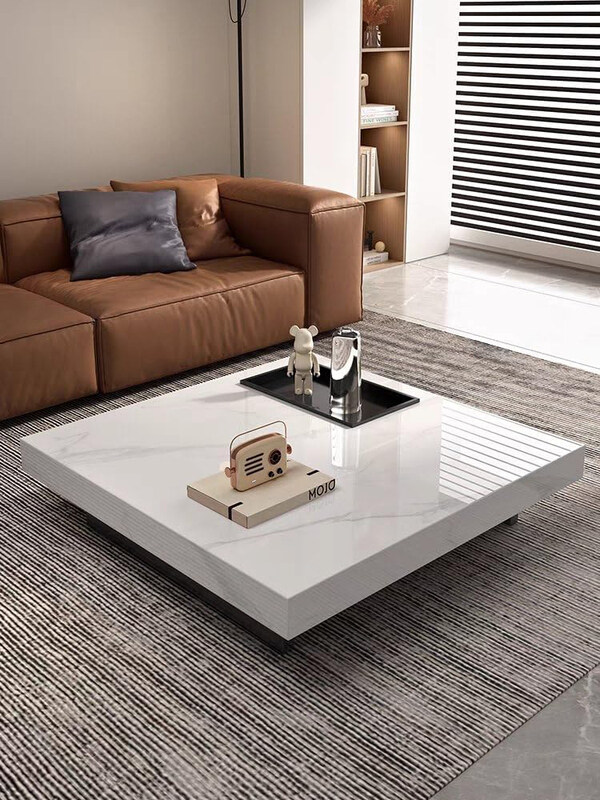 

AWD Rectangular Stone Marble Modern Coffee Center Table with Black Metal Base, White