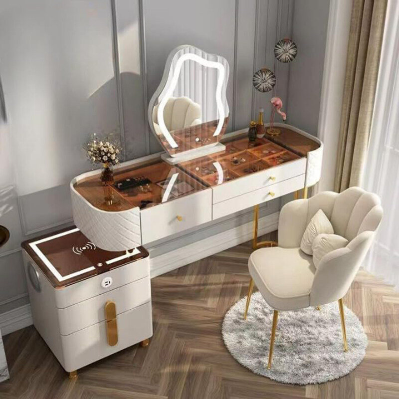 

AWD Advanced Solid Wood Makeup Vanity Smart Dressing Table Set with Nightstand Cloud Mirror Design Cushioned Stool & 5 Drawers, White