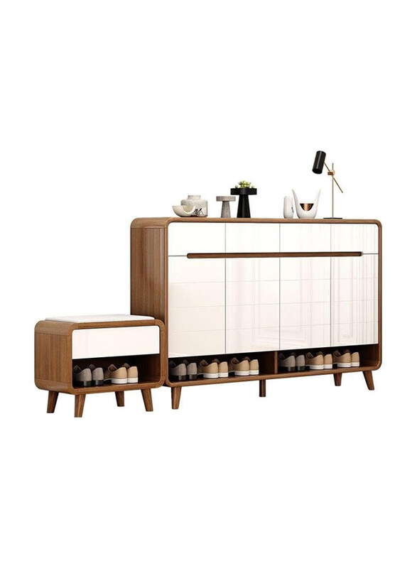 

AWD Modern Solid Wood Shoe Cabinet with Desk Seat, Beige/White