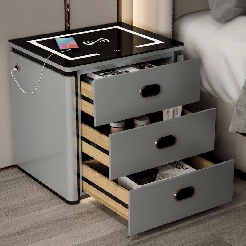 

Generic Modern End Smart Bedroom Cabinet Nightstands Wireless Charging Station and 3-Color LED Lights Bedside Table with 3 Drawer Storage Cabinet, Grey