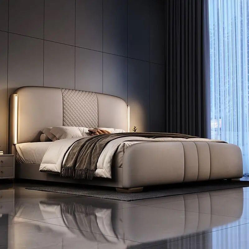 

AWD Upholstered King Queen Size Bed with Mattress & Bedside Table, Beige