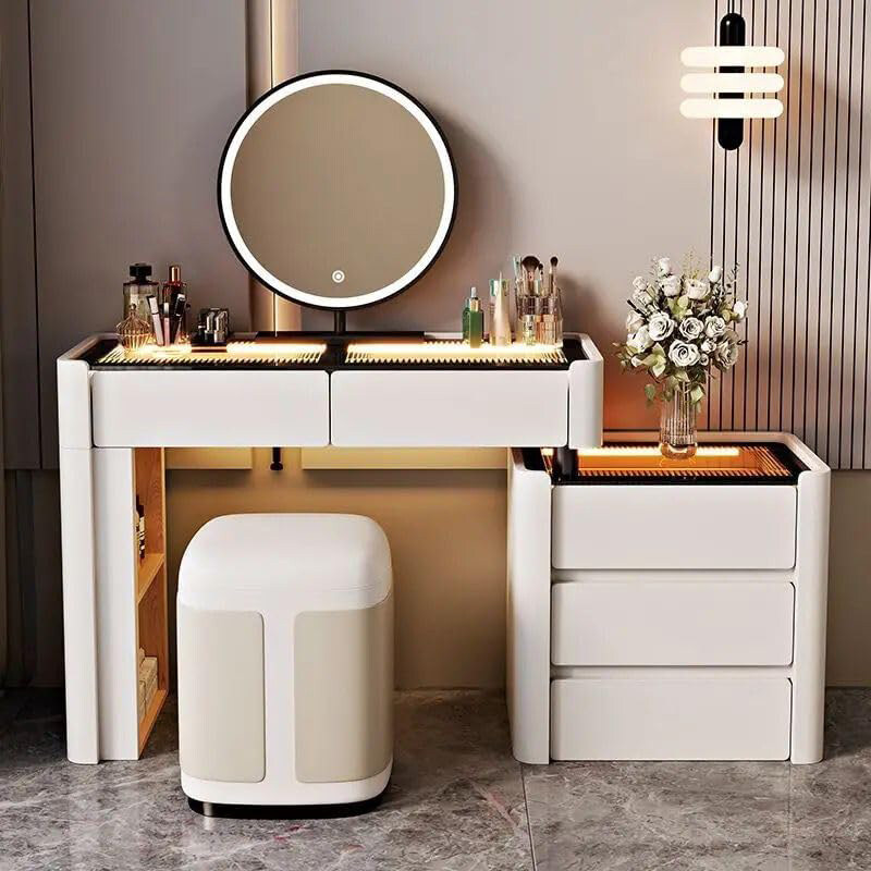 

AWD LED Mirror Table Women's Makeup Vanity Desk Set with Drawer Storage and Built-In Lighting Vanity Table Dressing Table with Chair for Bedroom or Be