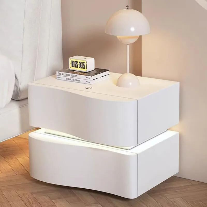 

AWD Nightstand Bedside Modern Wavy Shape End Table with Microfiber Leather Wrap Finish LED Lights for Bedroom, White