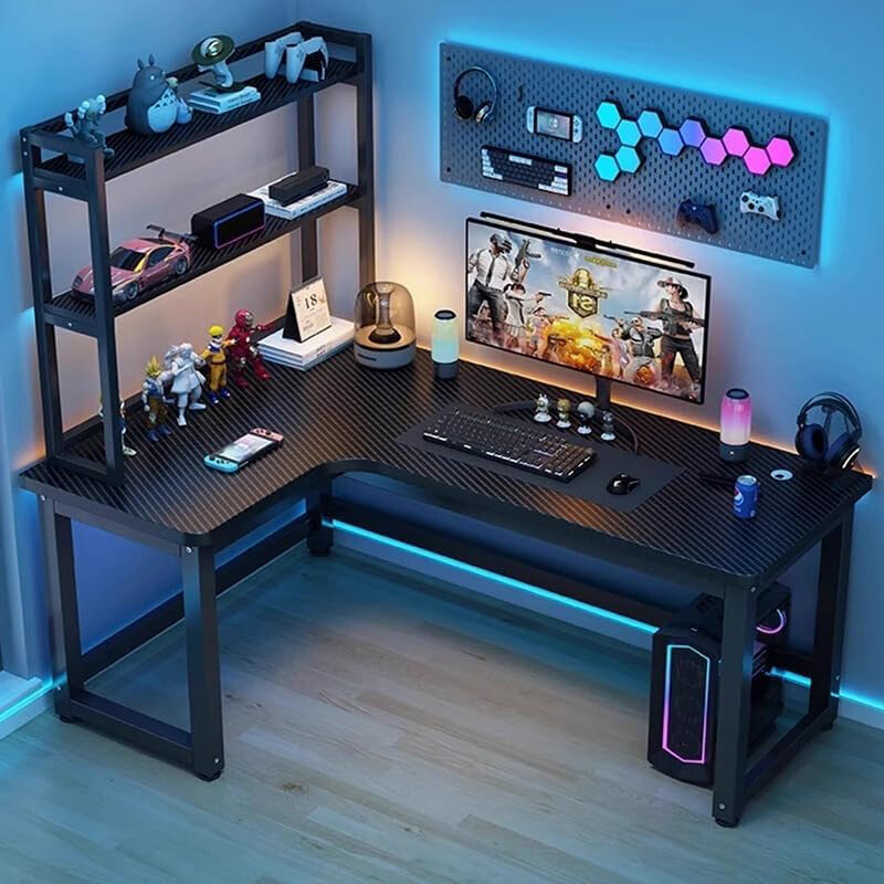 

NA AWD L-Shaped Gaming Desk with 2 Storage Upper Shelves, Black