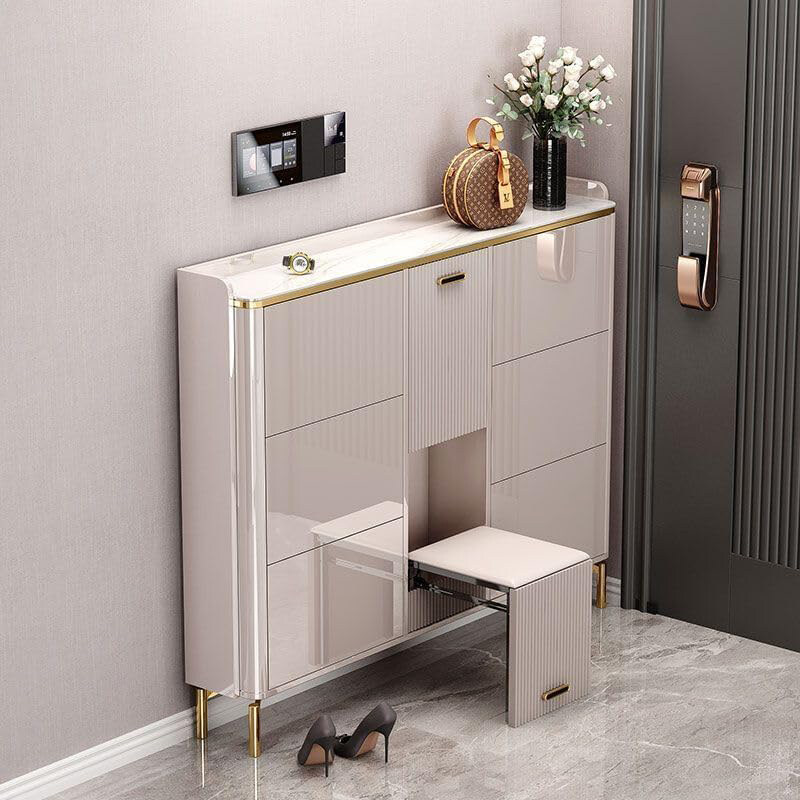 

AWD Multiple Compartments Pull-Out Shoe Storage Rack with Bench Glossy Creamy Finishand Gold Accent, 160 x 24, Creamy