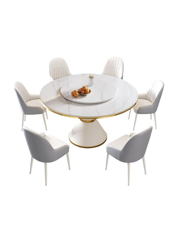 

AWD Round Marble Dining Table with Lazy Susan Chair Set, 7 Piece, White/Grey
