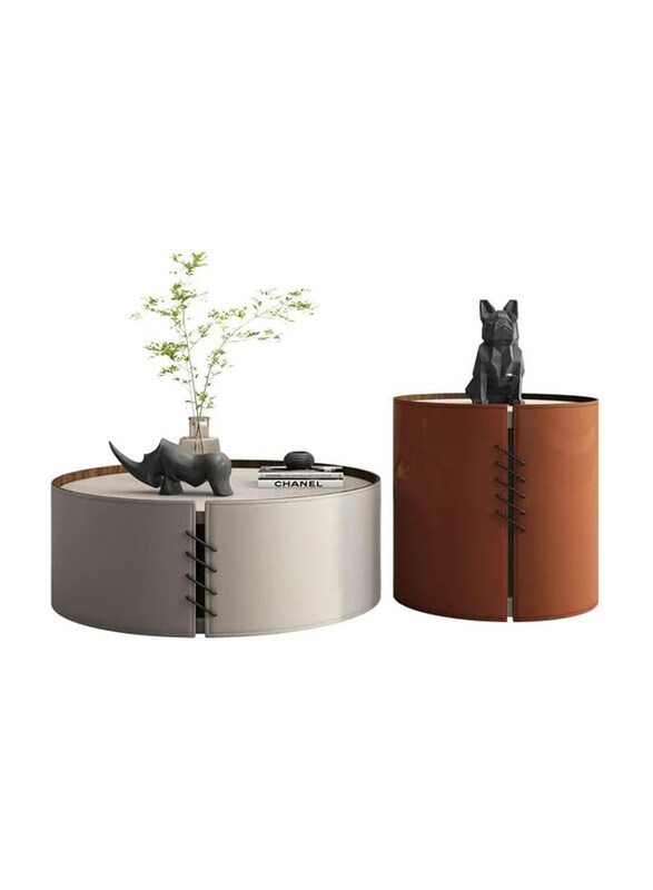 

AWD Luxury Leather Round Wood Base Coffee Table with Slate Top Nesting, 2 Piece, Grey/Brown