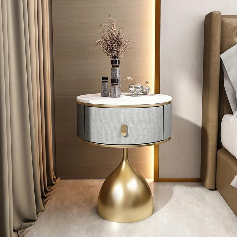 

AWD Round Nightstand Bedside Table with Storage Drawer in Metal Base & Slate & Cloth, Grey