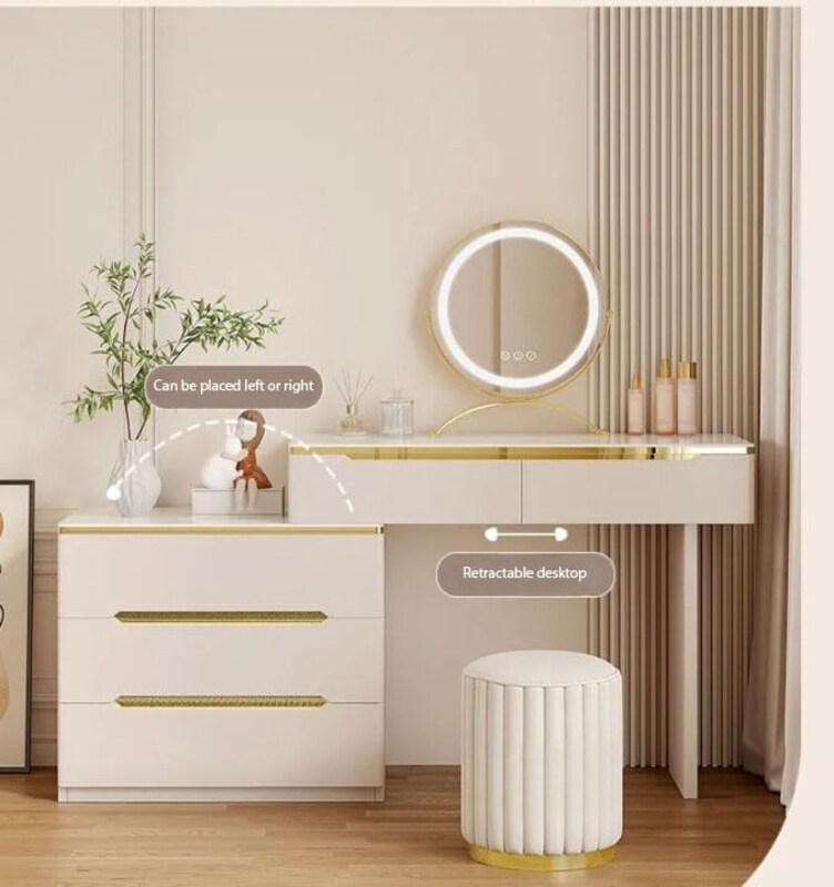 

AWD Women's Vanity Luxury Retractable 2 Drawer Storage Cabinet Dressing Table with LED Mirror & Chair, White