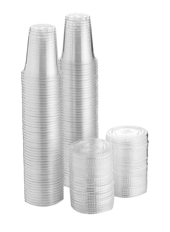 

HTE 20oz 100-Piece Strong Disposable Juice Cup Set with Lid, Clear