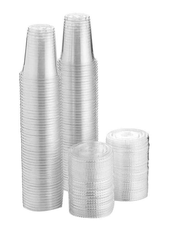 

HTE 12oz 100-Piece Strong Disposable Juice Cup Set with Lid, Clear