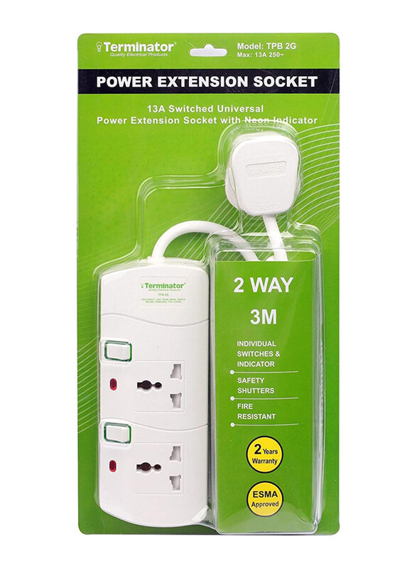 

Terminator 2-Way Universal Power Extension Socket, 3 Meters, White